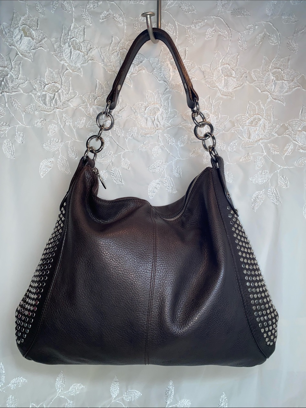 Furla Brown Stud-Embellished Leather Shoulder Bag